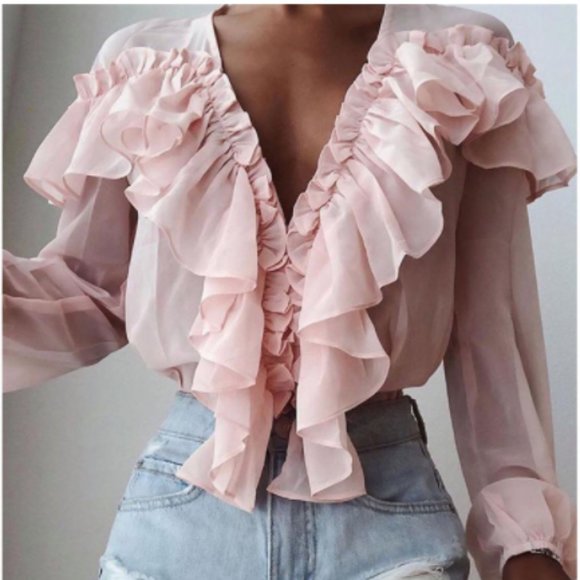 Tops - *One Left* Pink Ruffle V-Neck Blouse🌸